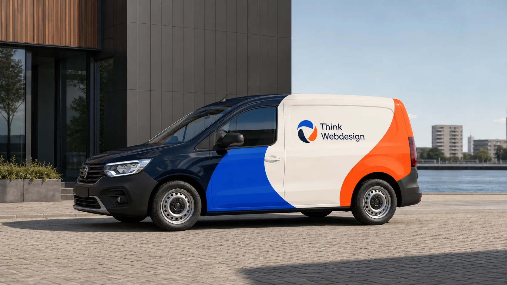 Voorbeeld van een bedrijfsbus met een blauwe, oranje en donkerblauwe Think Webdesign-belettering