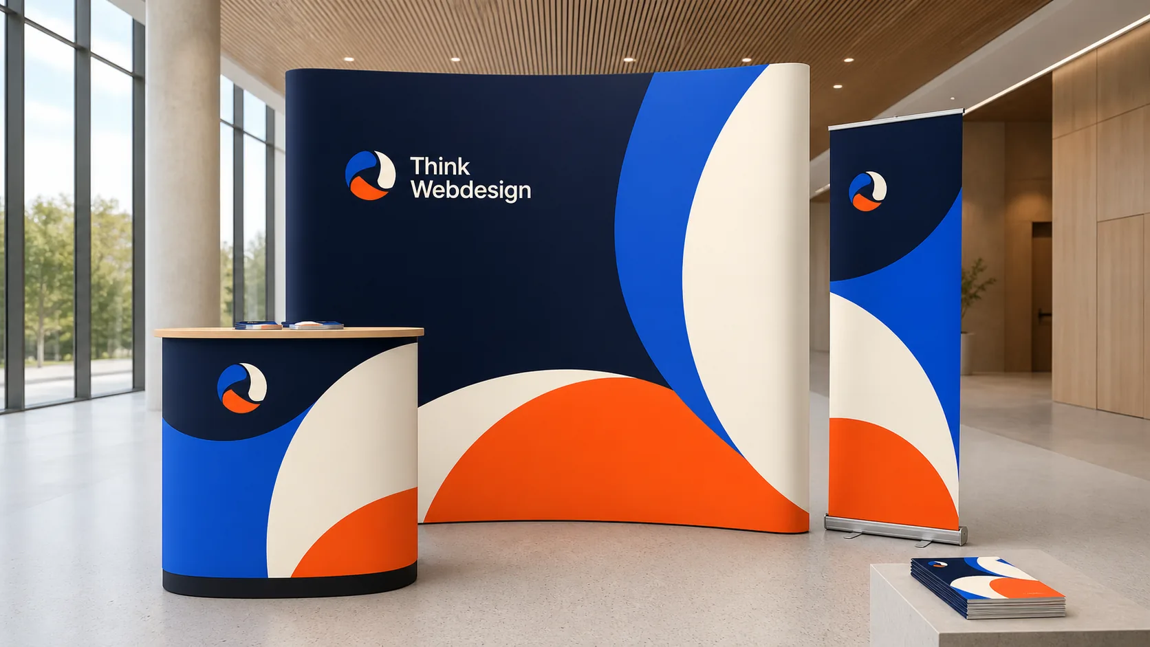 Voorbeeld van een beurswand, balie, roll-upbanner en brochures in de huisstijl van Think Webdesign