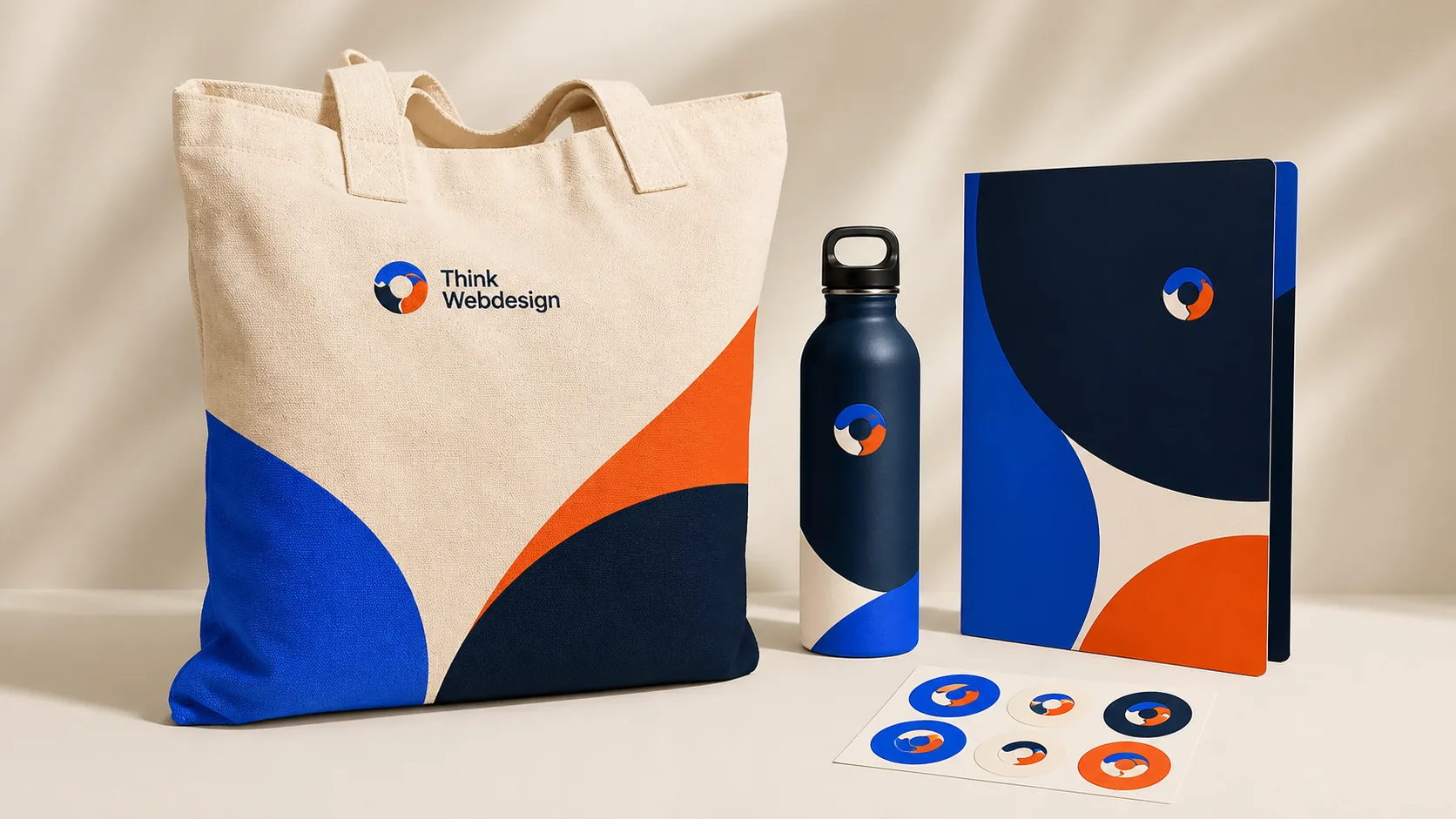 Voorbeeld van een tas, drinkfles, presentatiemap en stickers in de huisstijl van Think Webdesign