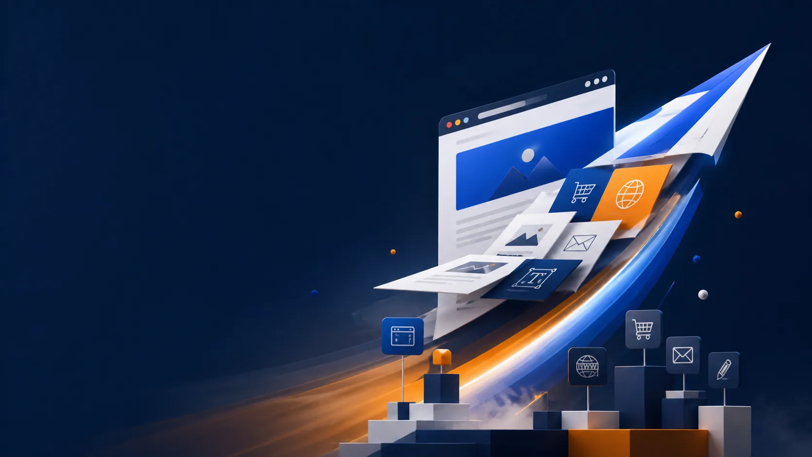 Abstracte digitale wereld waarin een website en online diensten samen een vliegende start maken