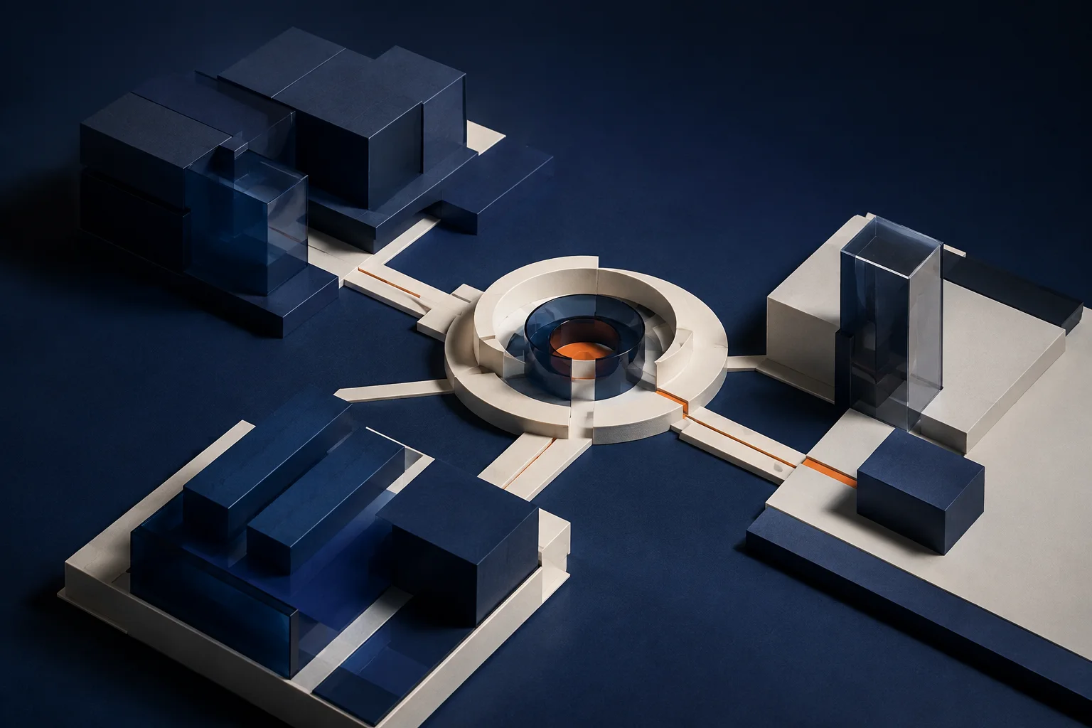 Abstracte architectuur waarin verschillende systemen via duidelijke verbindingen samenkomen in één centrale structuur.